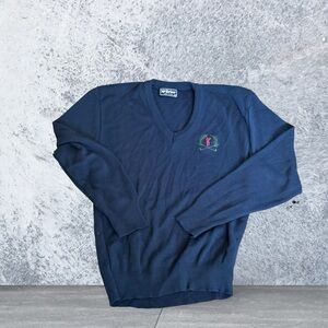Vtg McBriar Golf Sweater Mens Sz Large Navy Blue V Neck Knit Sweatshirt USA Made